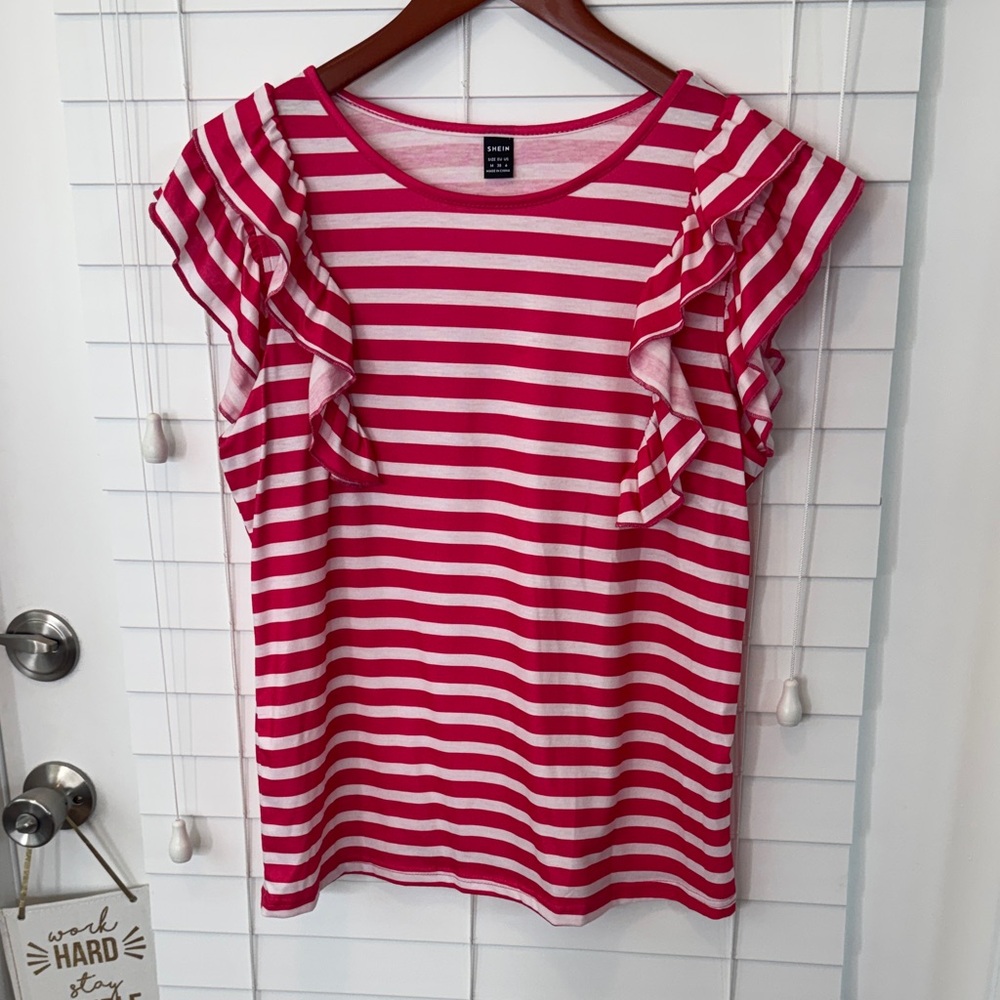 SHEIN Pink Striped Ruffle Sleeve Top